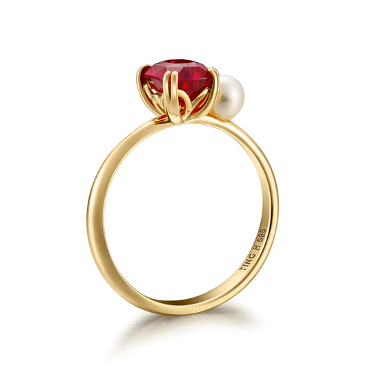 Graceful Whimsy | 14K Gold Ruby Pearl Ring