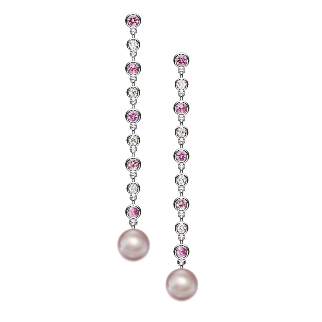 18K金 寶石 垂墜式耳環 粉紅剛玉 鑽石 珍珠 沁著花香的露珠
