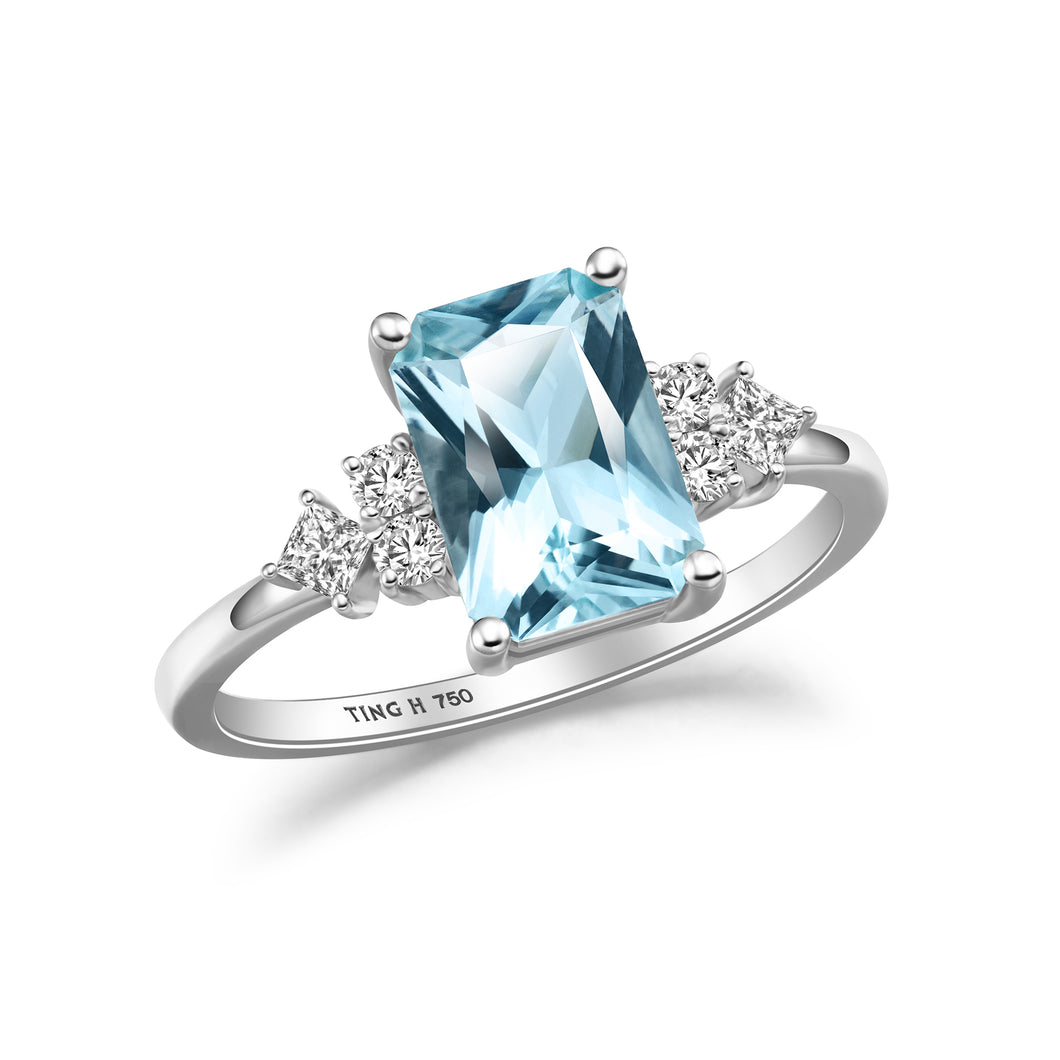 18K金 海水藍寶 鑽石 戒指