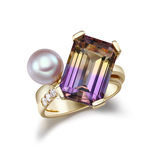 Symphony of Light | 14K Gold Ametrine Diamond Pearl Ring