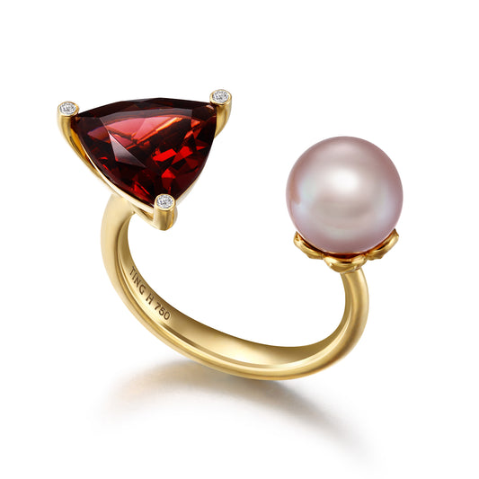 Duet | 18K Gold Garnet Pearl Diamonds Ring 